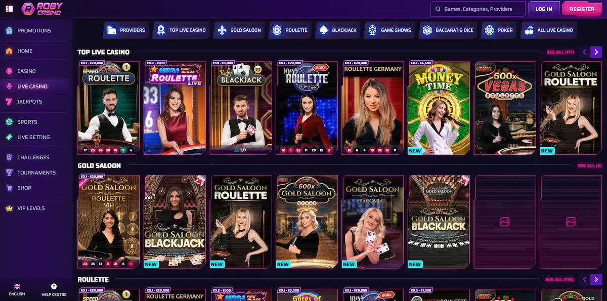 Roby Casino Live-Casino-Bereich mit Tischen von Evolution Gaming
